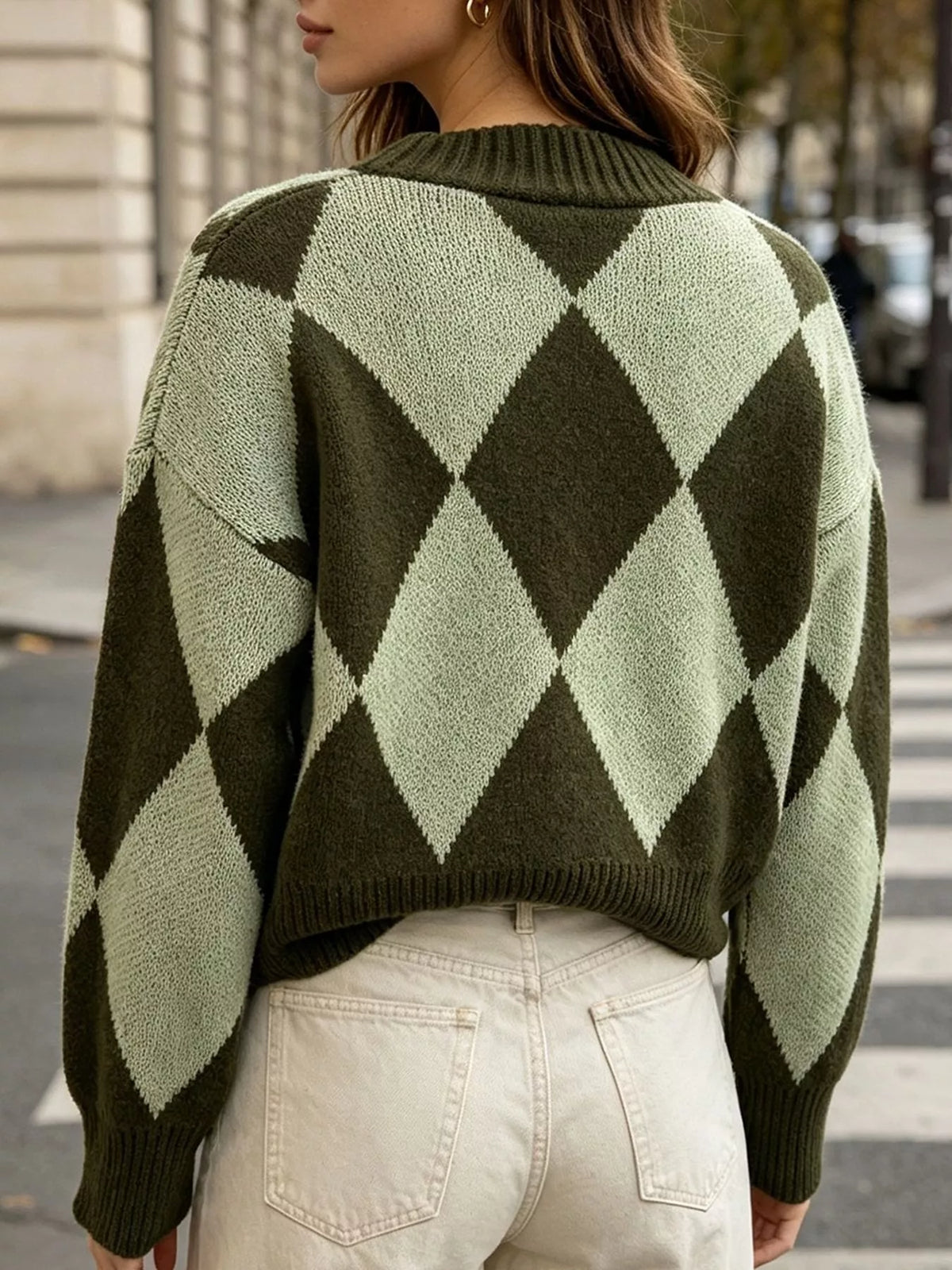 Argyle Pattern V-Neck Button-Down Cardigan, view 21