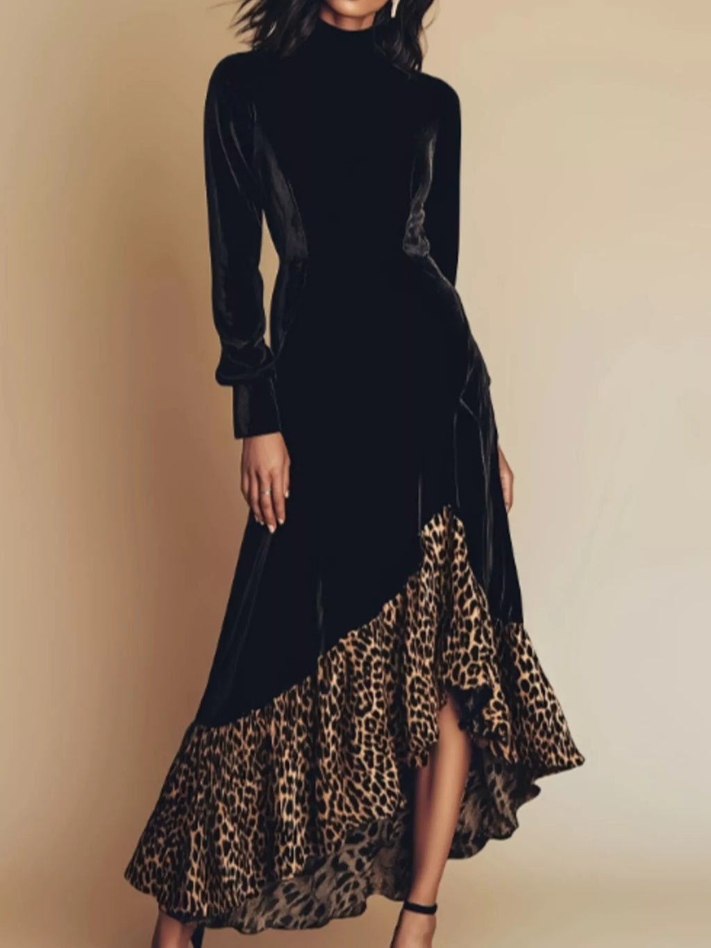 Leopard Ruffle Hem Mock Neck Dress - Lilixa.store