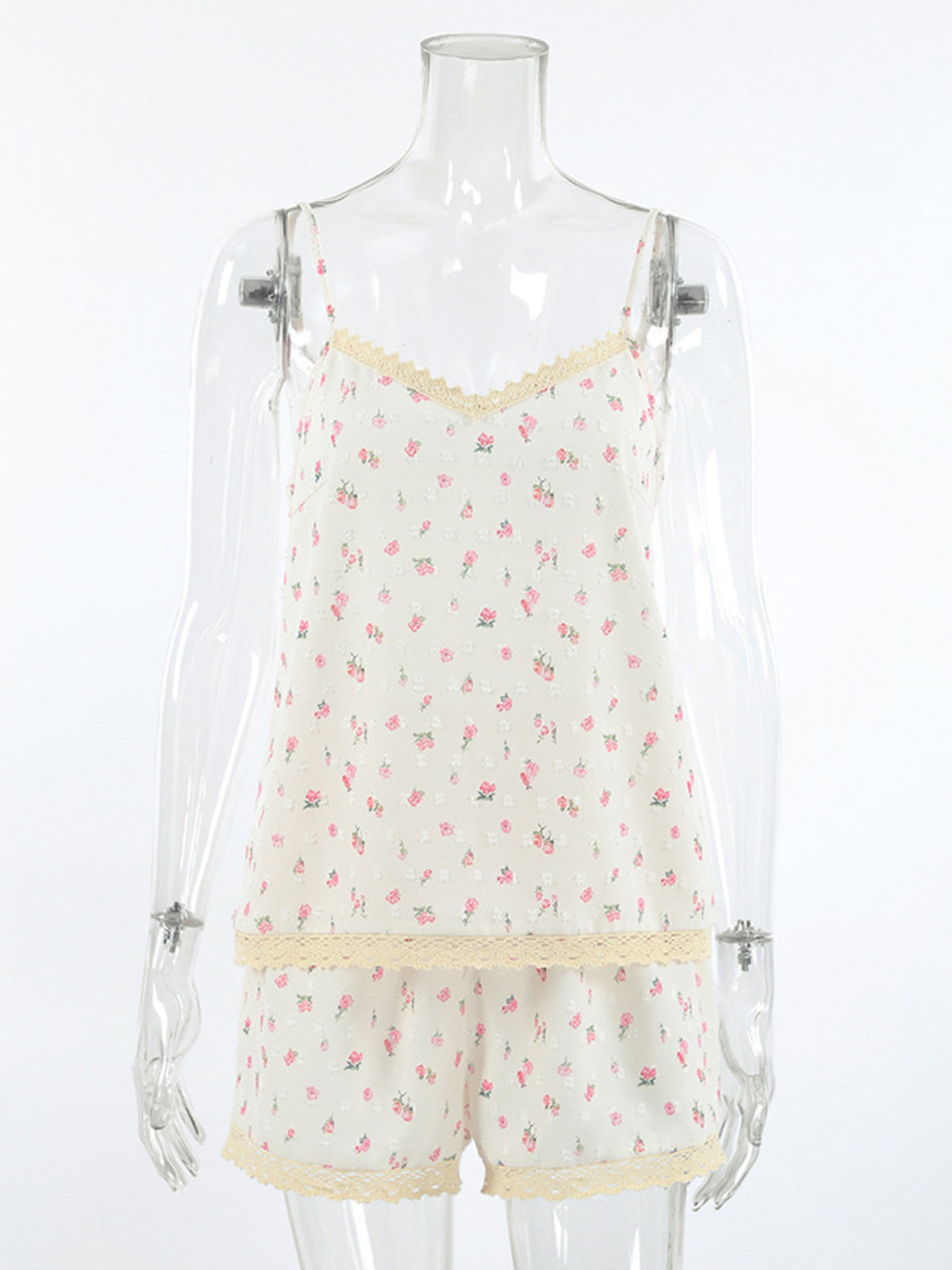 Floral Print Lace Trim Cami and Shorts Set - Lilixa.store