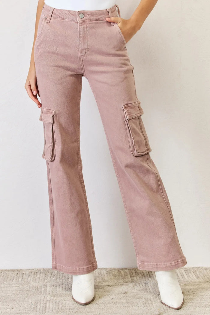 RISEN Full Size High Rise Cargo Wide Leg Jeans in Mauve