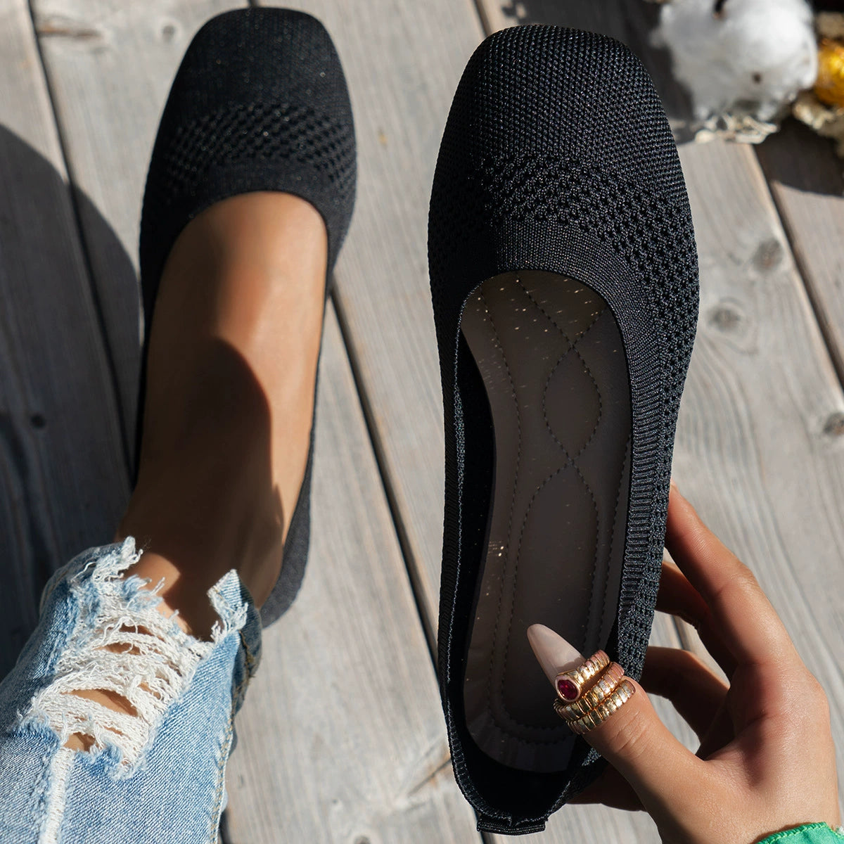 Square Toe Solid Color Mesh Slip-Ons in Black