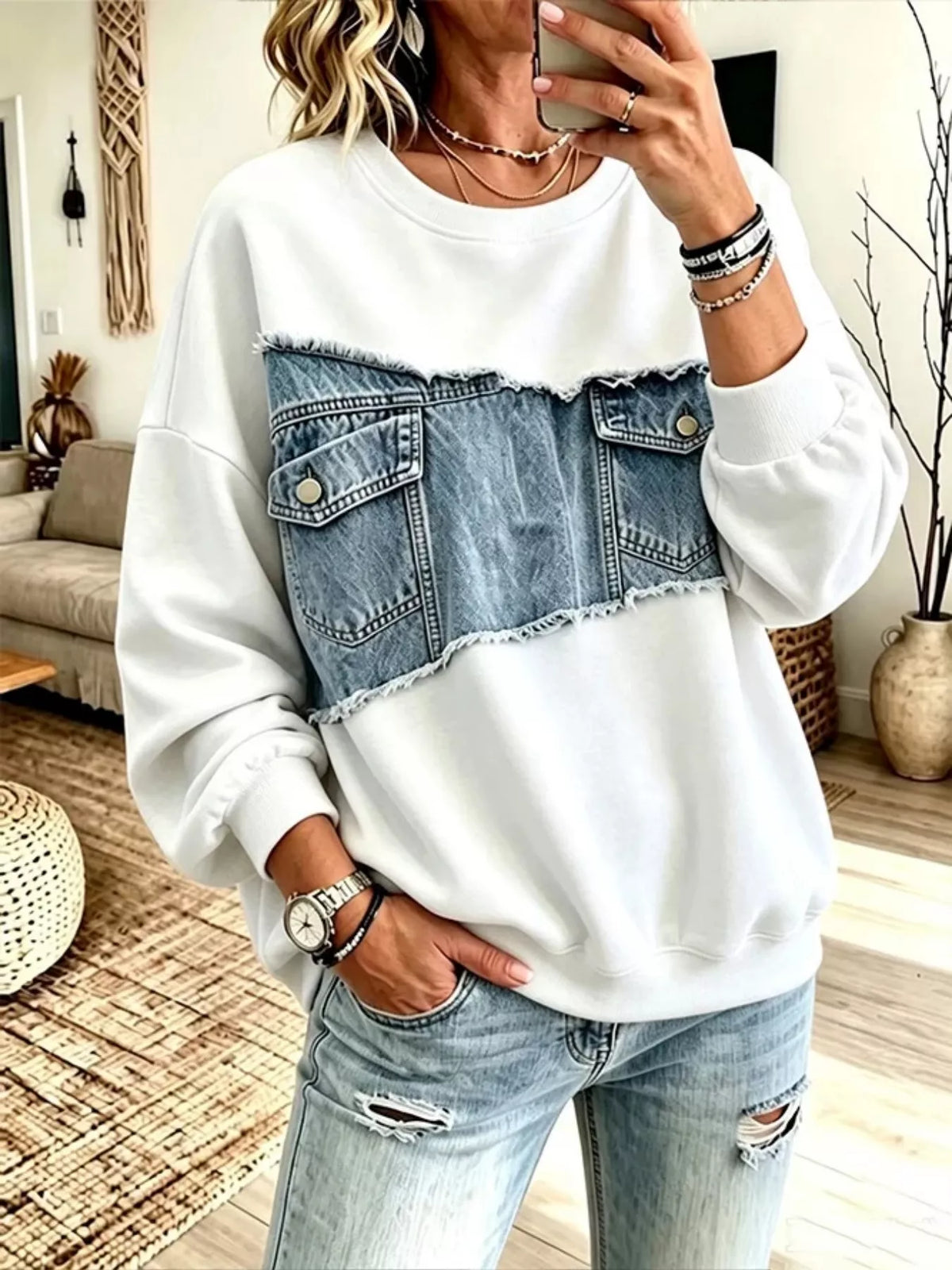 Full Size Denim Patchwork Dropped Shoulder Sweatshirt Plus Size - Lilixa.store