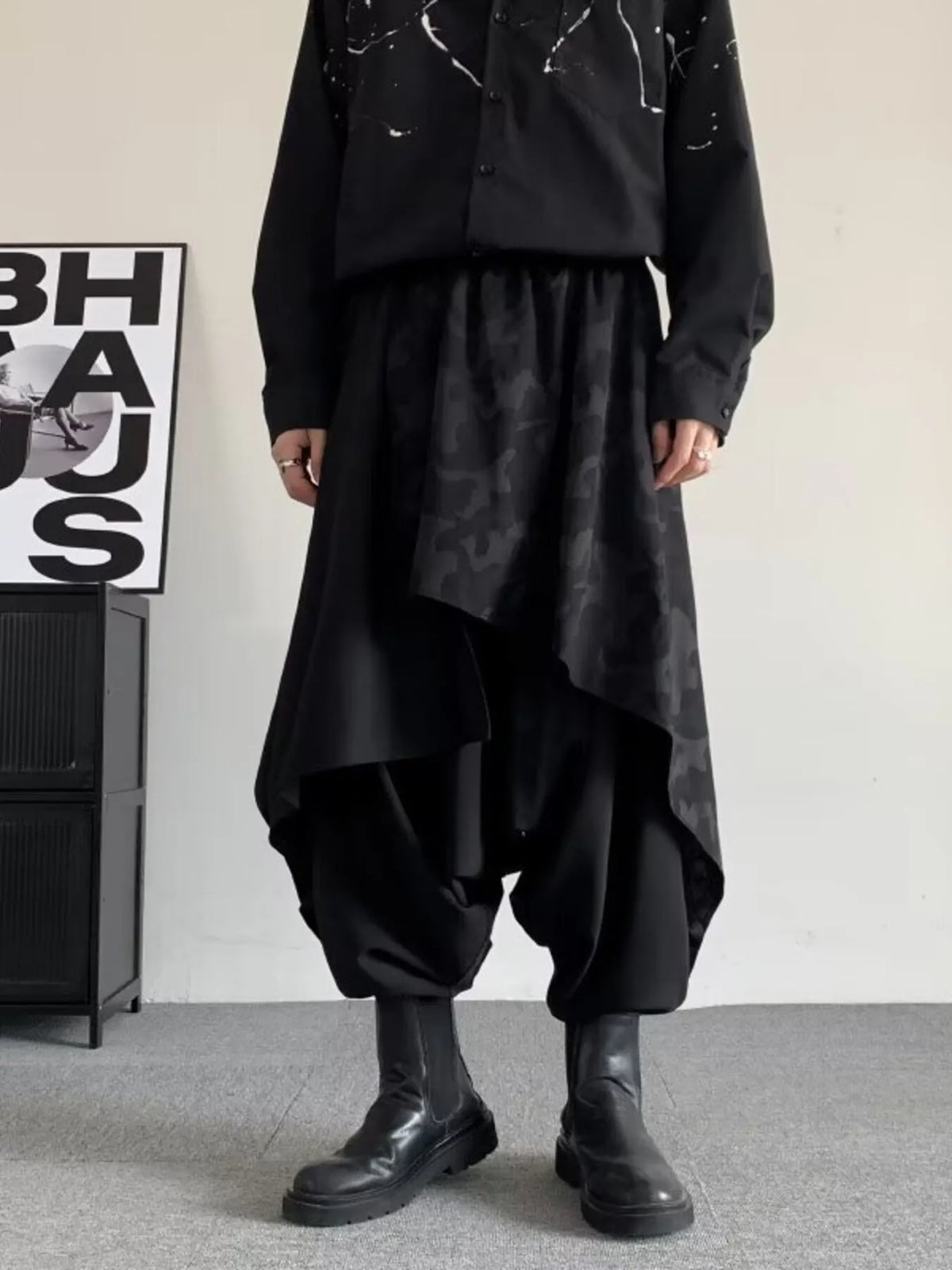 Men's Plus Size Asymmetrical Camo Waist Harem Pants in Black, view 3