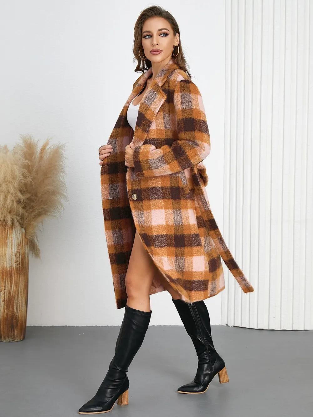Tied Plaid Collared Neck Coat, view 8