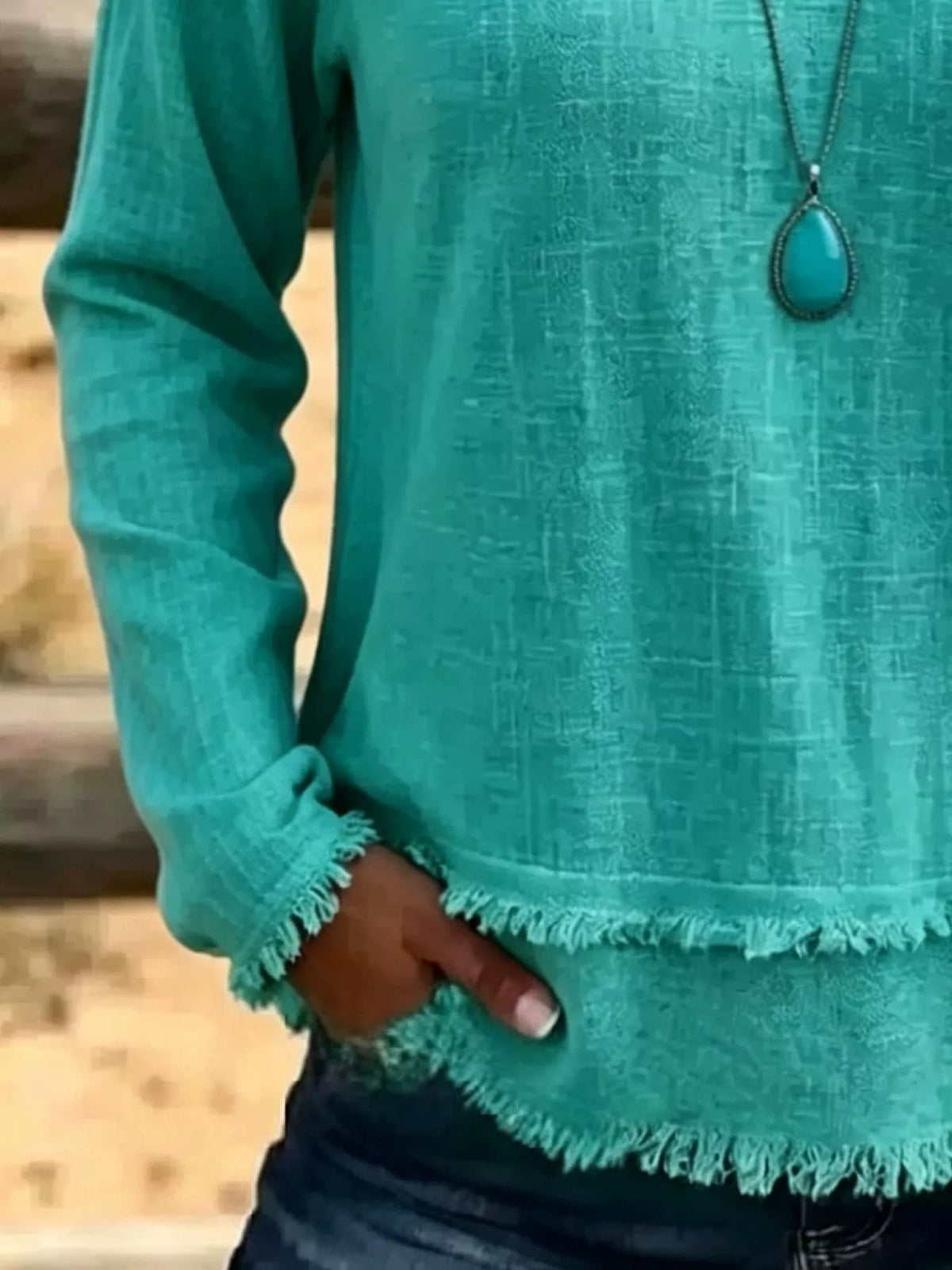 V-Neck Long Sleeve Blouse with Frayed Hem Detail - Lilixa.store
