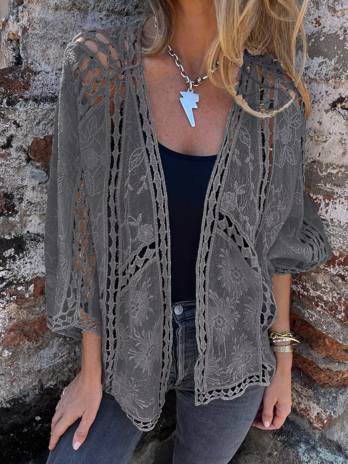 Full Size Embroidered Open Front Cardigan Plus Size - Lilixa.store