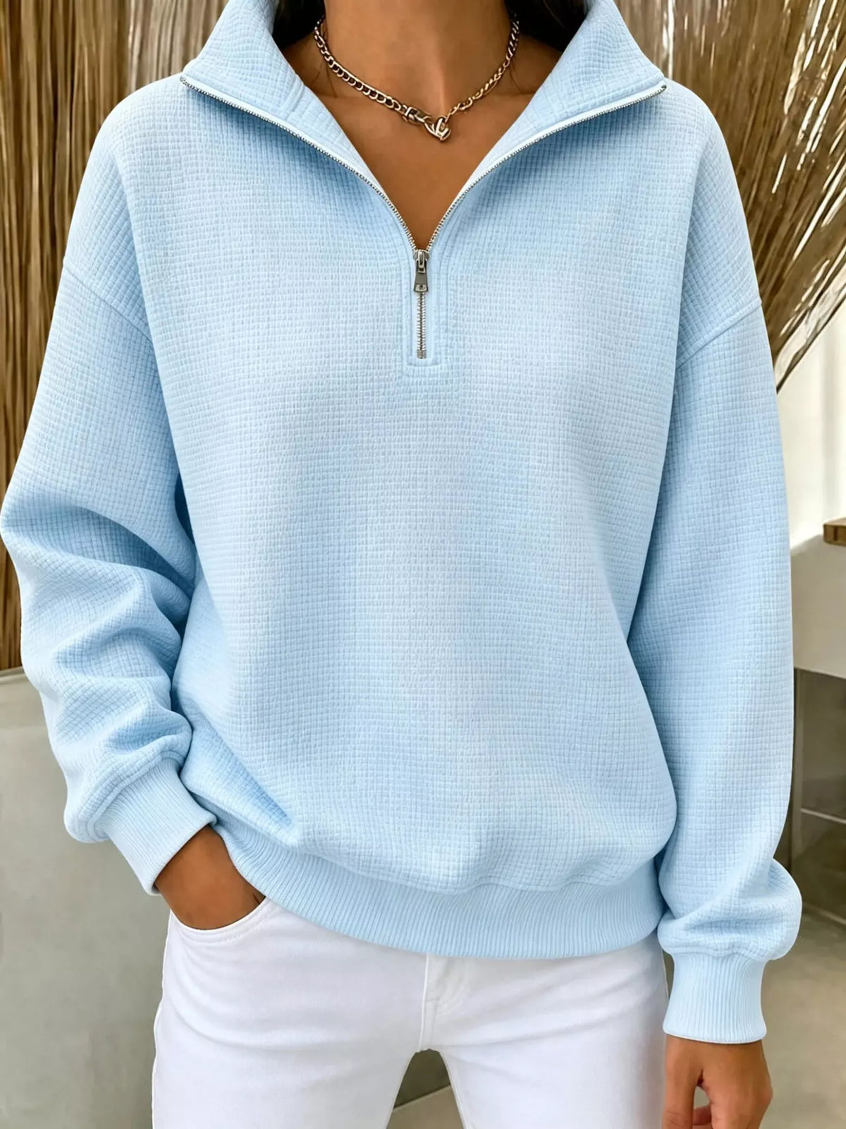 Full Size Waffle Knit Quarter-Zip Sweatshirt Plus Size - Lilixa.store