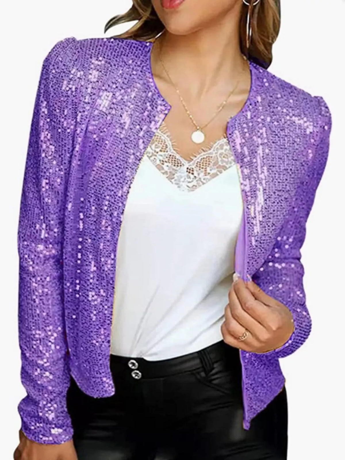 Full Size Sequin Long Sleeve Jacket Plus Size in Purple