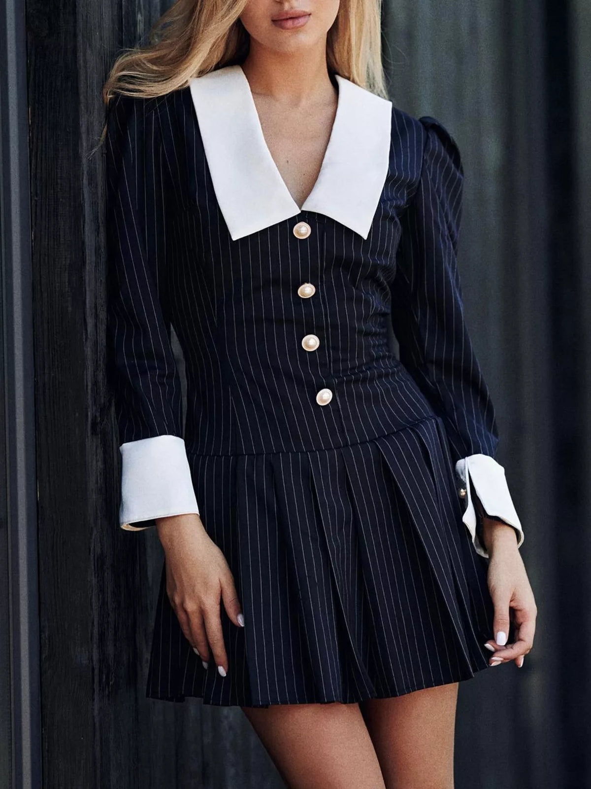 Striped Long-Sleeve Pleated Mini Dress - Lilixa.store