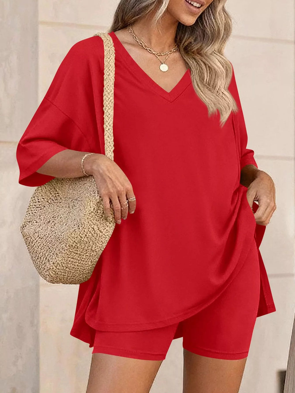Full Size Casual Loose V-Neck T-Shirt & Shorts Set Plus Size - Lilixa.store