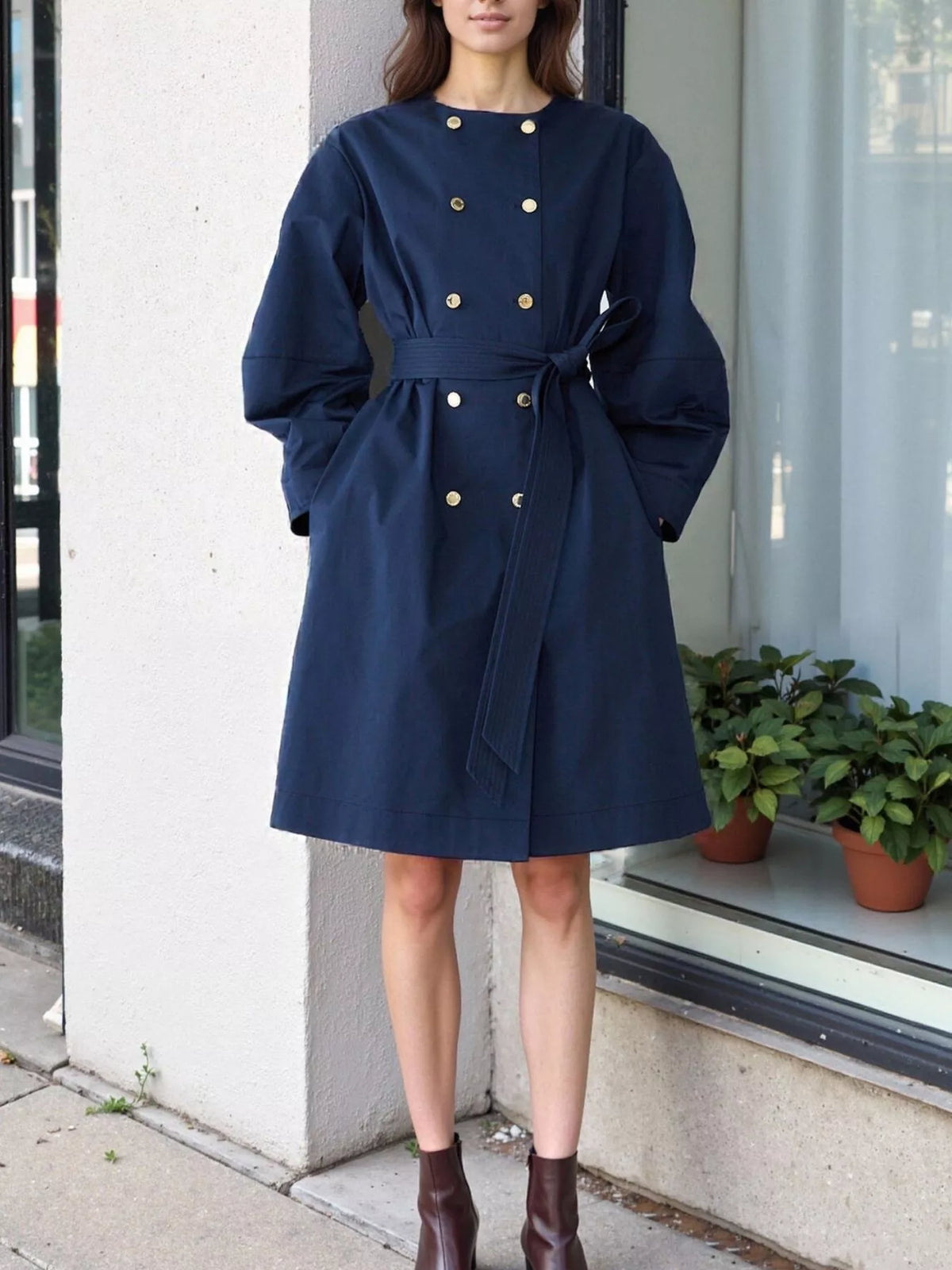 Double-Breasted Long Sleeve Trench Coat