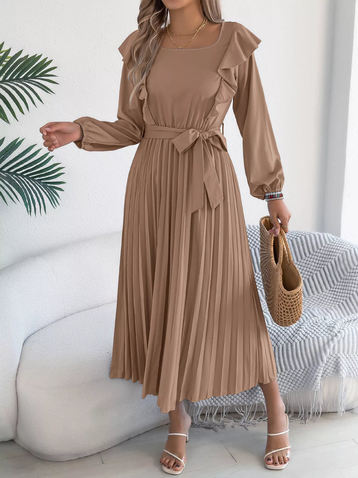 Ruffled Pleated Midi Dress with Waist Tie, view 14