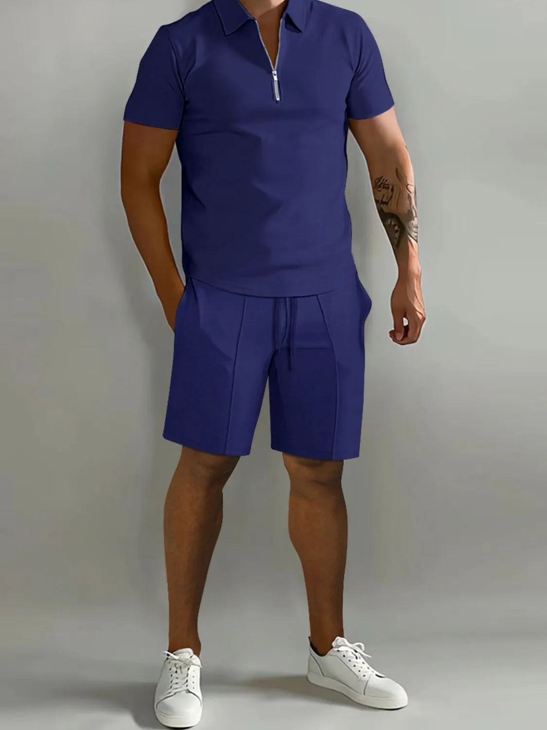 Men's Full Size Collared Neck Short Sleeve Top and Shorts Set Plus Size in Navy
