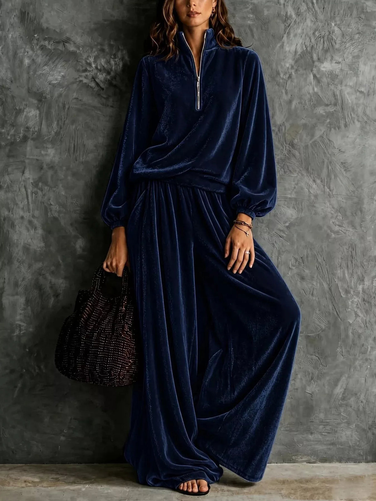 Quarter-Zip Sweatshirt and Wide-Leg Pants in Navy Blue