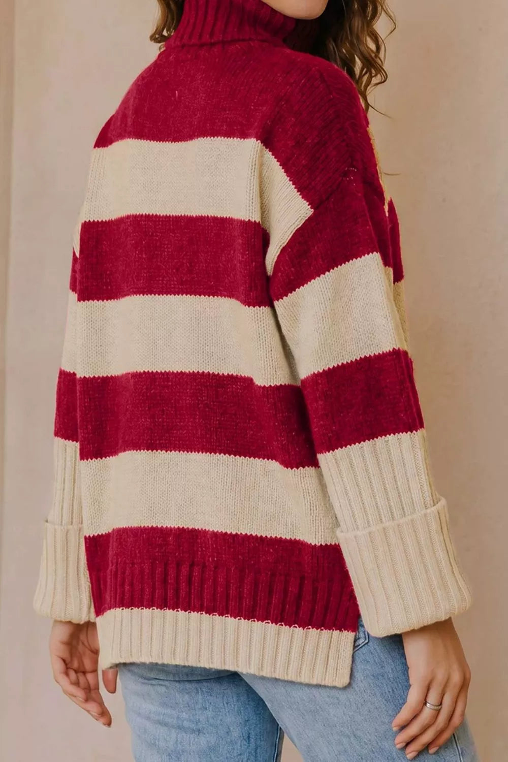 Stripe Ribbed Trim High Neck Relaxed Pullover Sweater