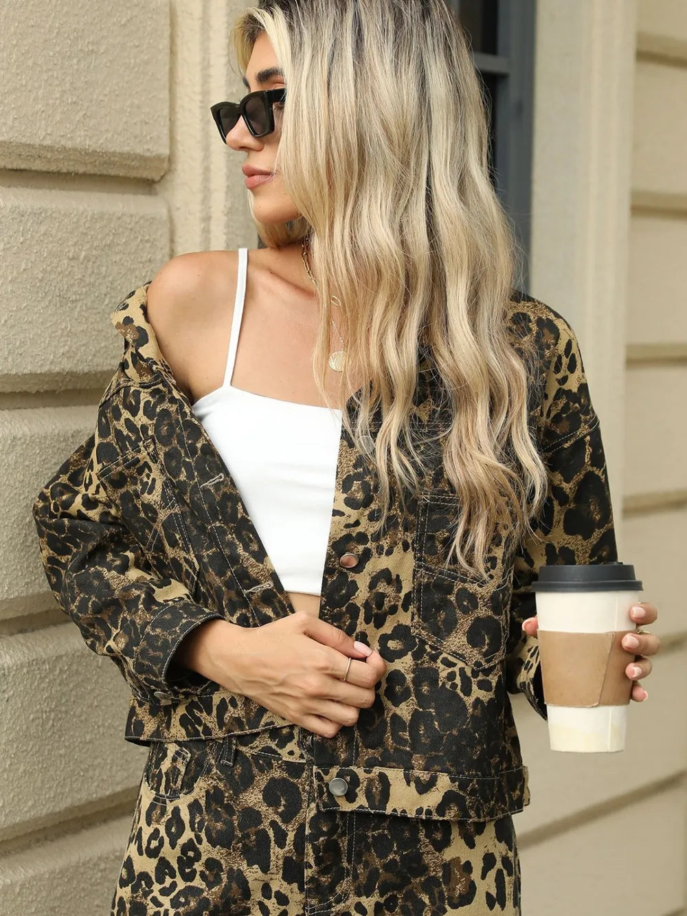 Pocketed Leopard Long Sleeve Denim Jacket, view 6