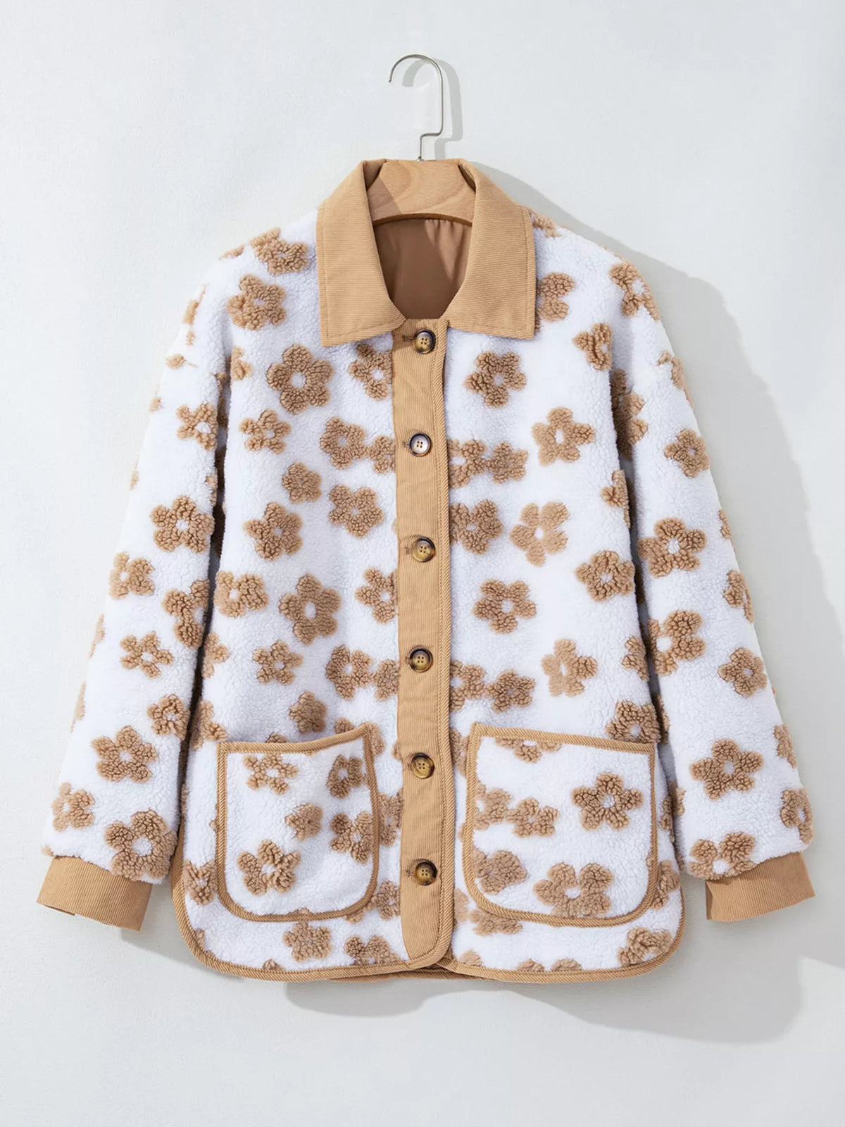 Flower Pattern Button Up Fleece Jacket - Lilixa.store