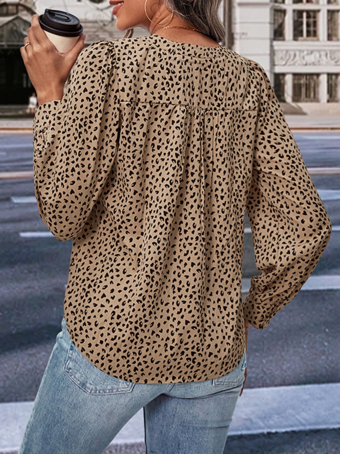Perfee Leopard Notched Neck Puff Sleeve Blouse in Khaki, view 2
