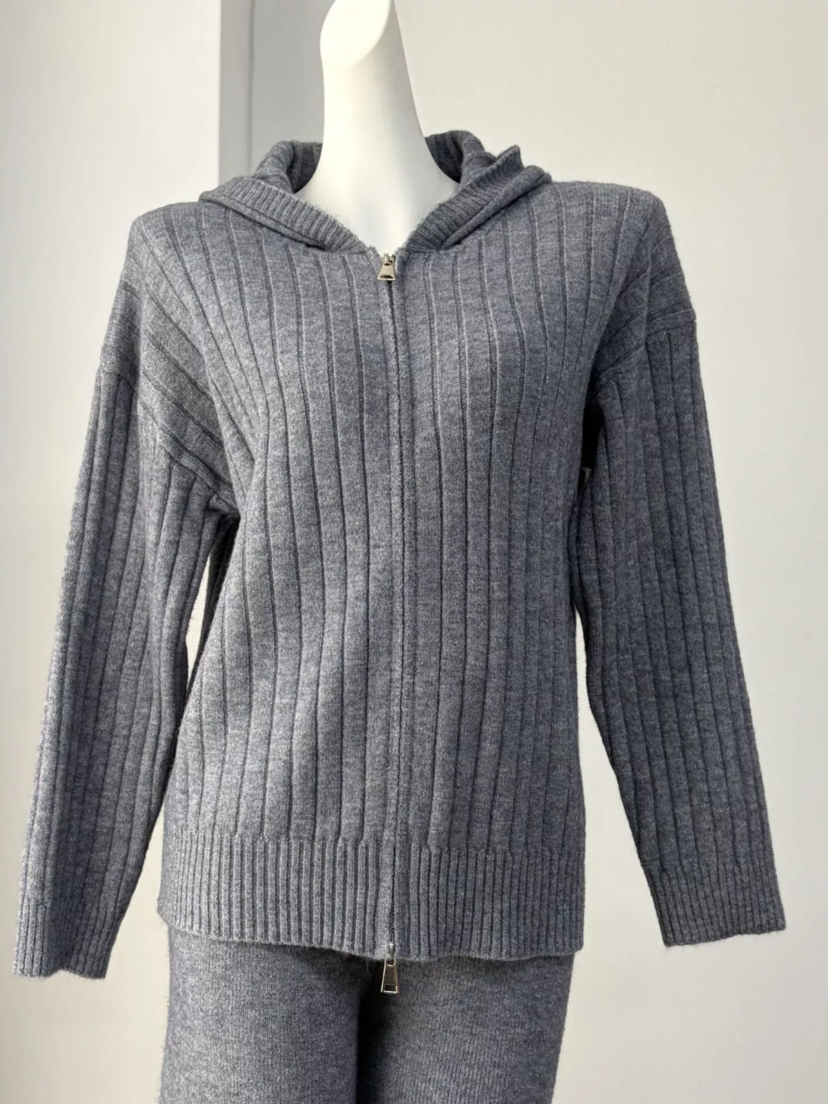 Cozy Ribbed Knit Zip-Up Hoodie and Wide-Leg Pants Sweater Set, view 11