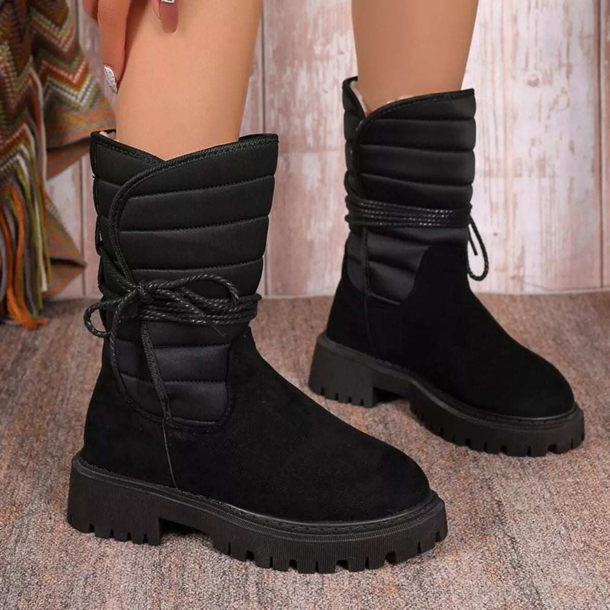 Quilted Lace-Up Mid-Calf Boots, view 4