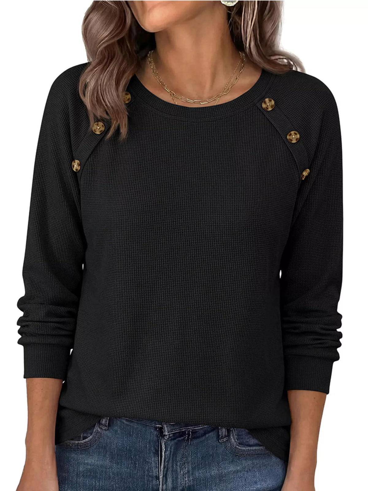 Decorative Button Waffle Knit Long Sleeve T-Shirt - Lilixa.store