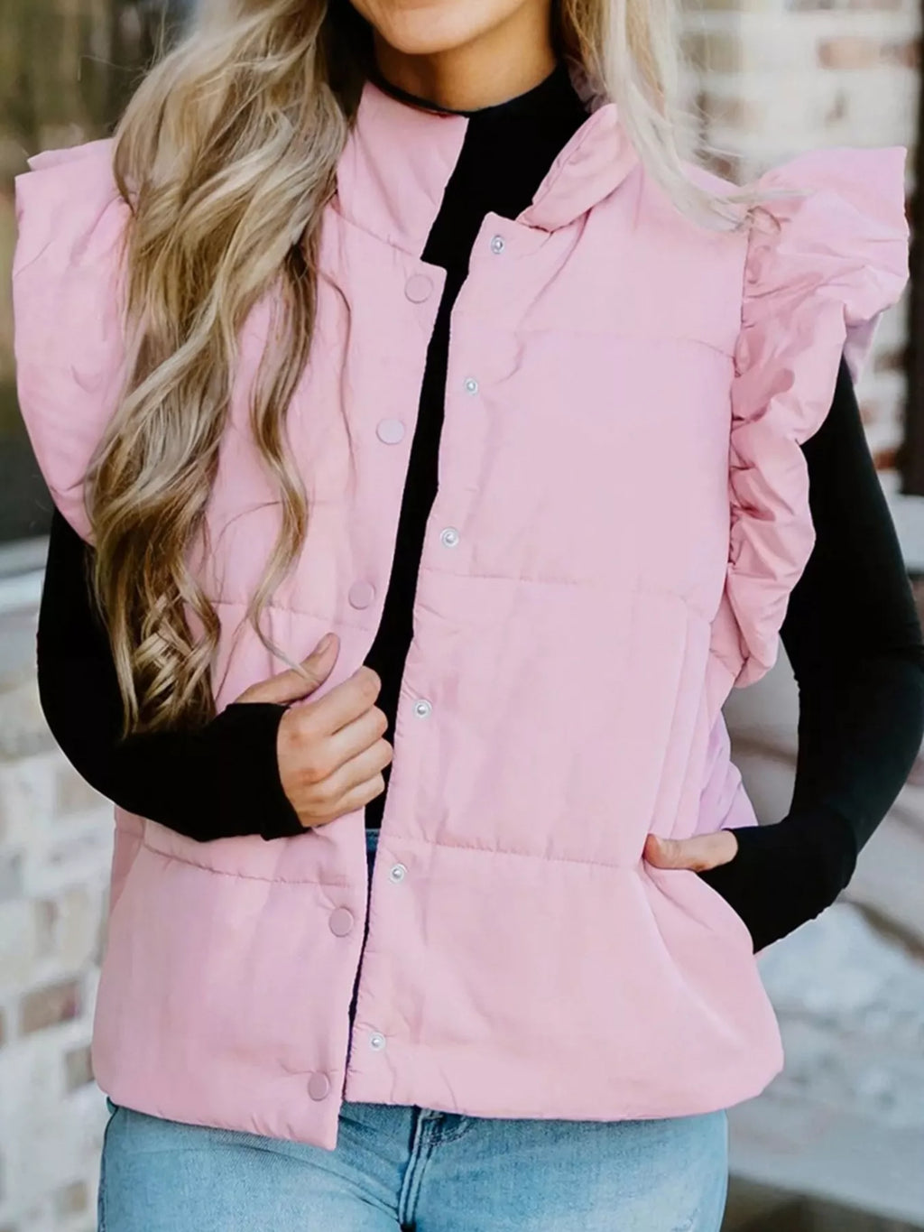 Stand Neck Flutter Sleeve Snap Button Puffer Vest - Lilixa.store