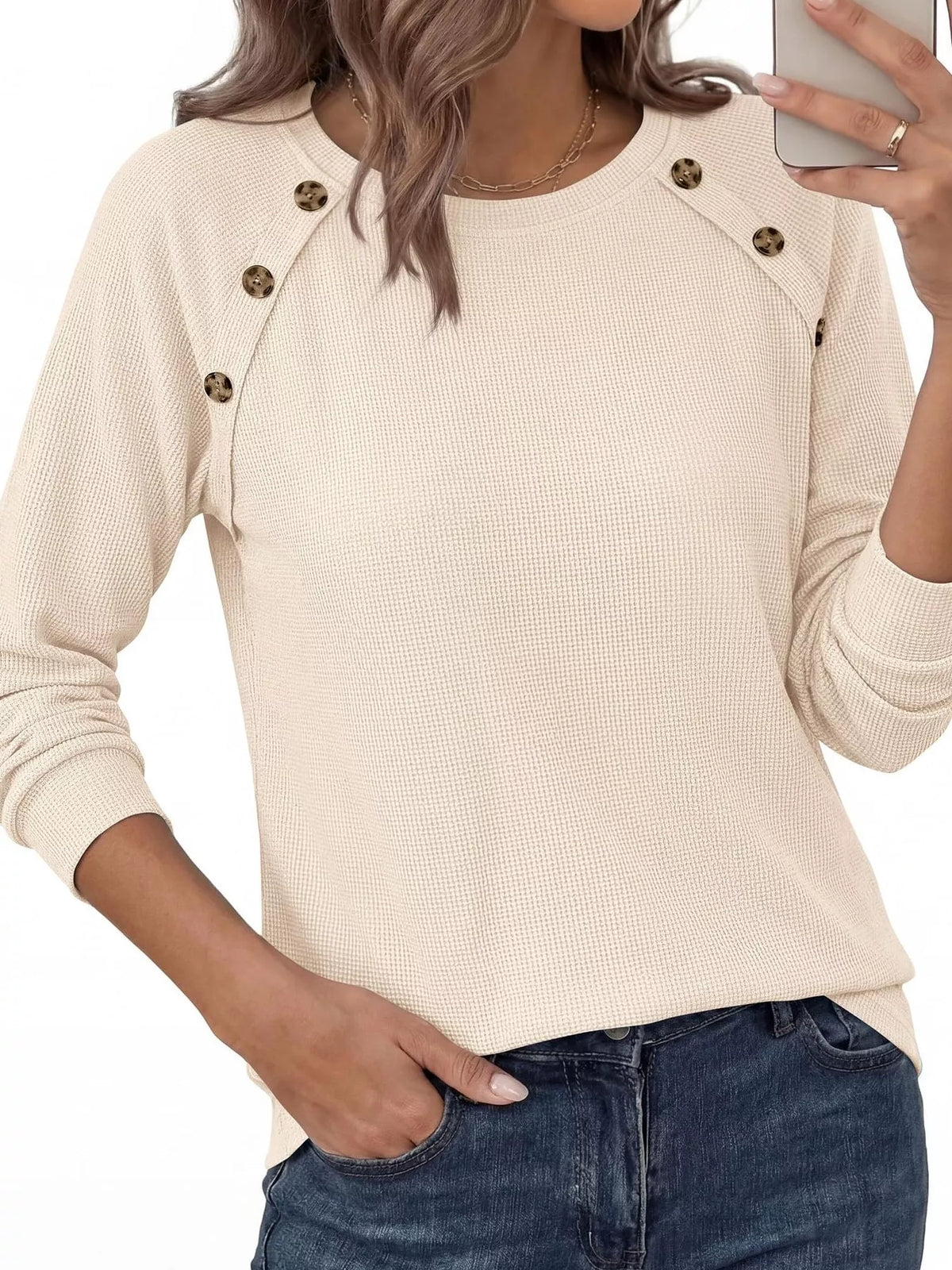 Decorative Button Waffle Knit Long Sleeve T-Shirt