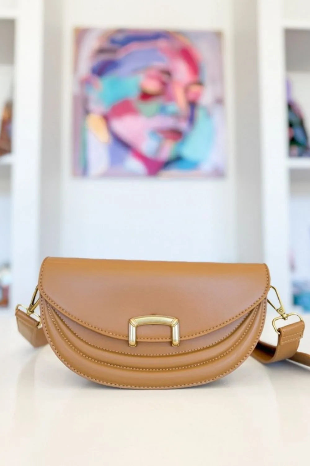 Fame Buckle Closure Crescent Faux Leather Crossbody Bag - Lilixa.store