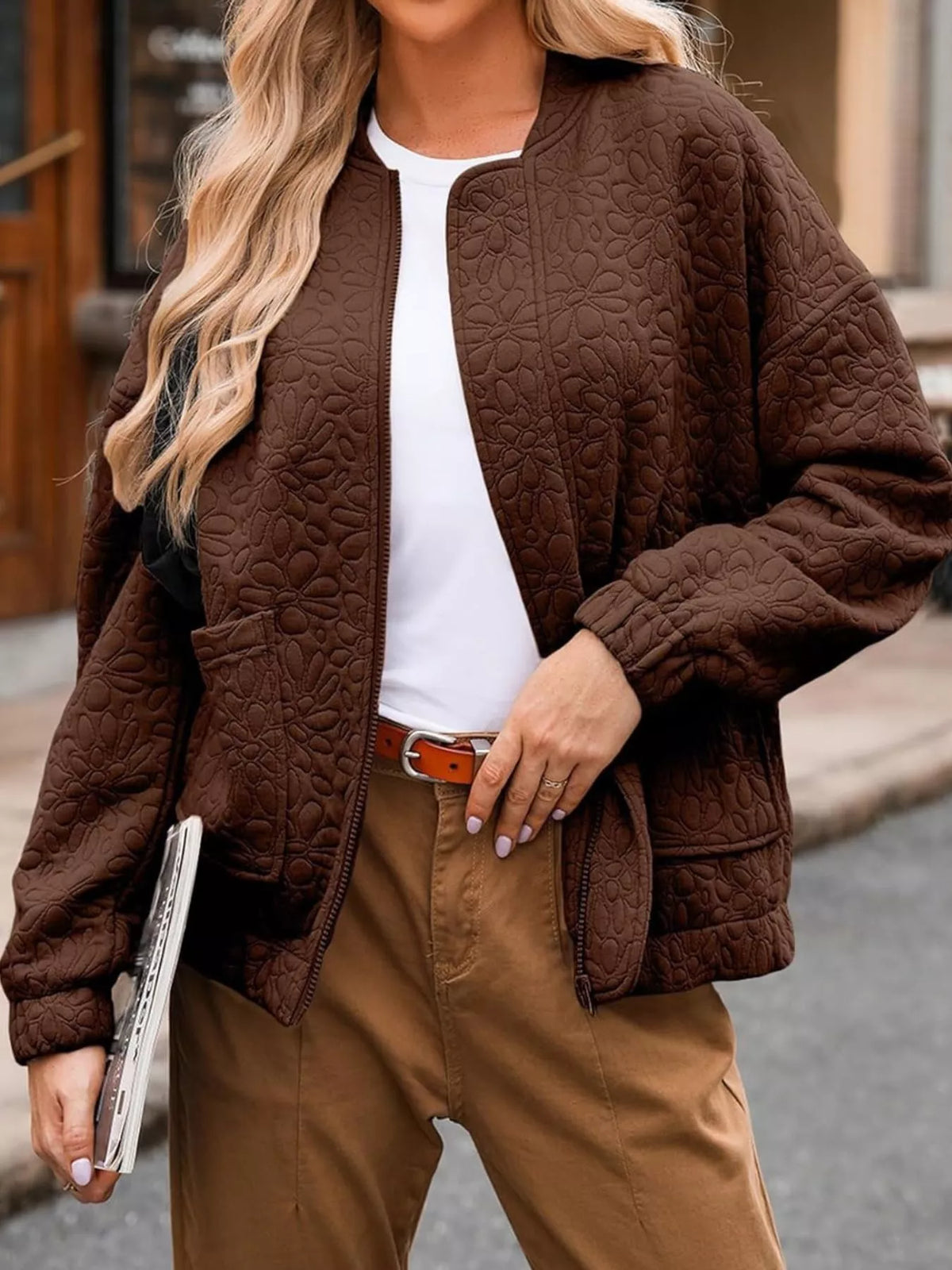 Full Size Floral Quilted Zip Up Jacket Plus Size in Dark Brown