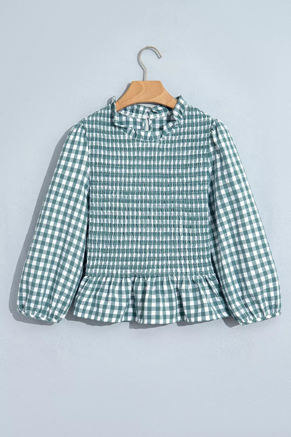 3/4 Sleeve Shirred Plaid Peplum Top - Lilixa.store