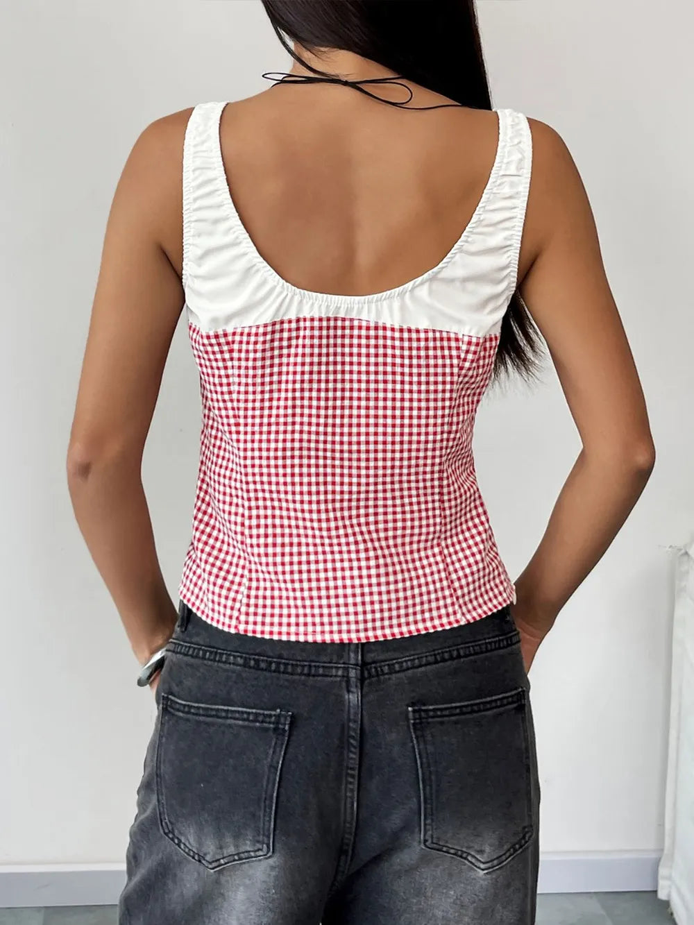 Perfee Contrast Plaid Square Neck Tank - Lilixa.store