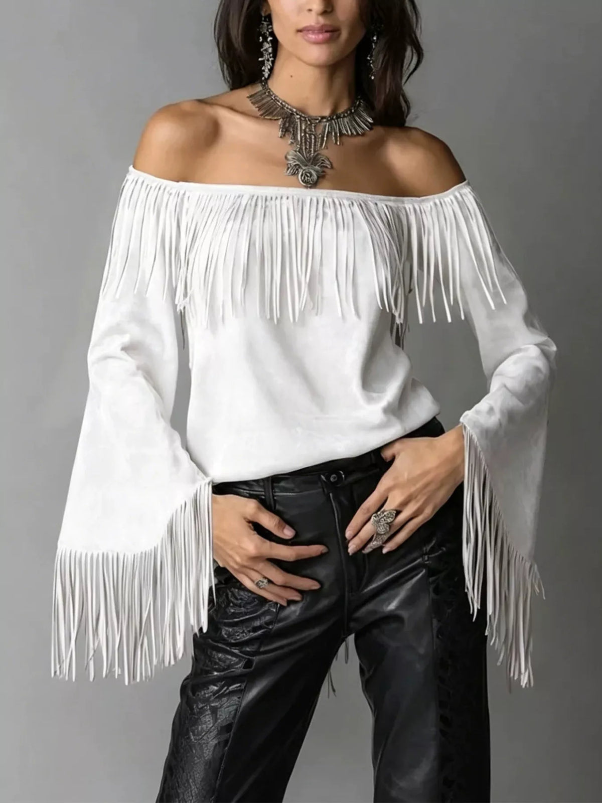 Full Size Fringed Off-Shoulder T-Shirt Plus Size - Lilixa.store