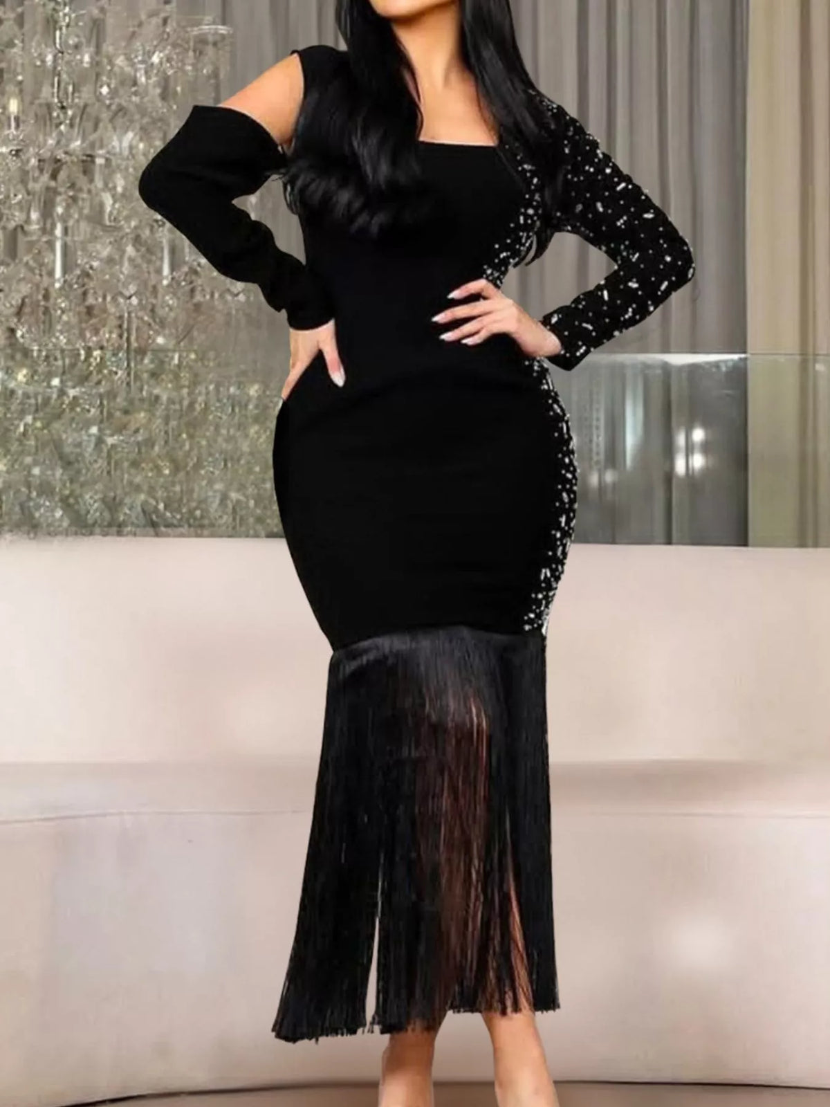 Asymmetrical Rhinestone Fringe Dress - Lilixa.store