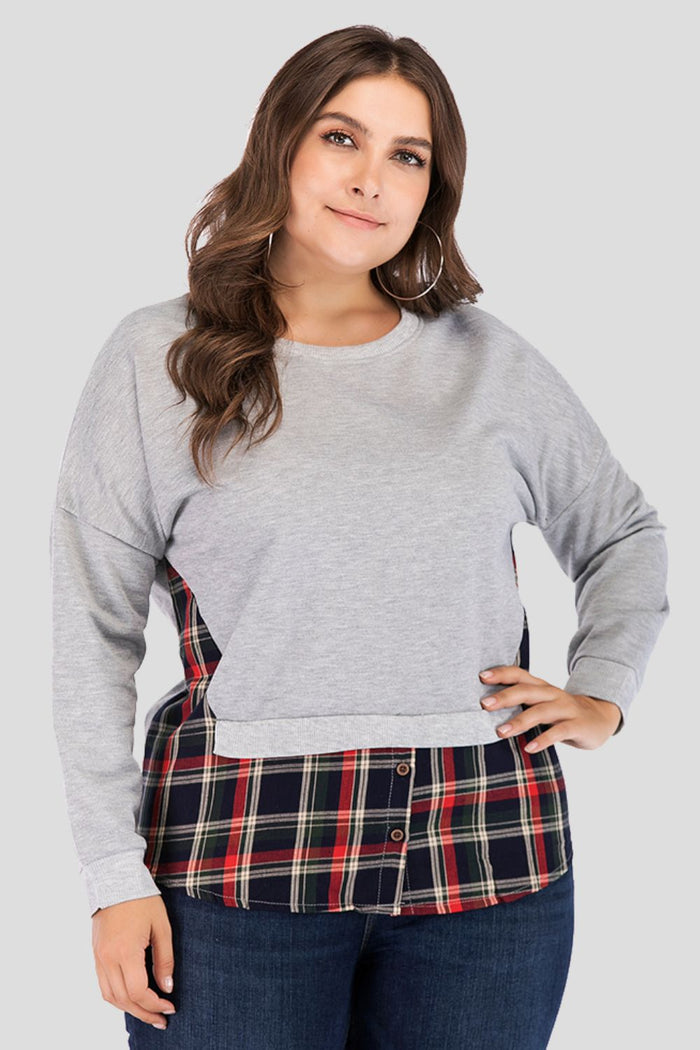 Full Size Plaid Patch Drop Shoulder Round Neck Top - Lilixa.store