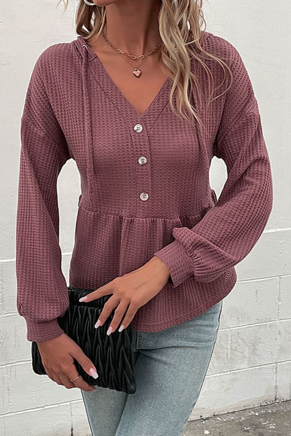 Perfee Waffle-Knit Buttoned Drop Shoulder Hoodie in Plum, view 3