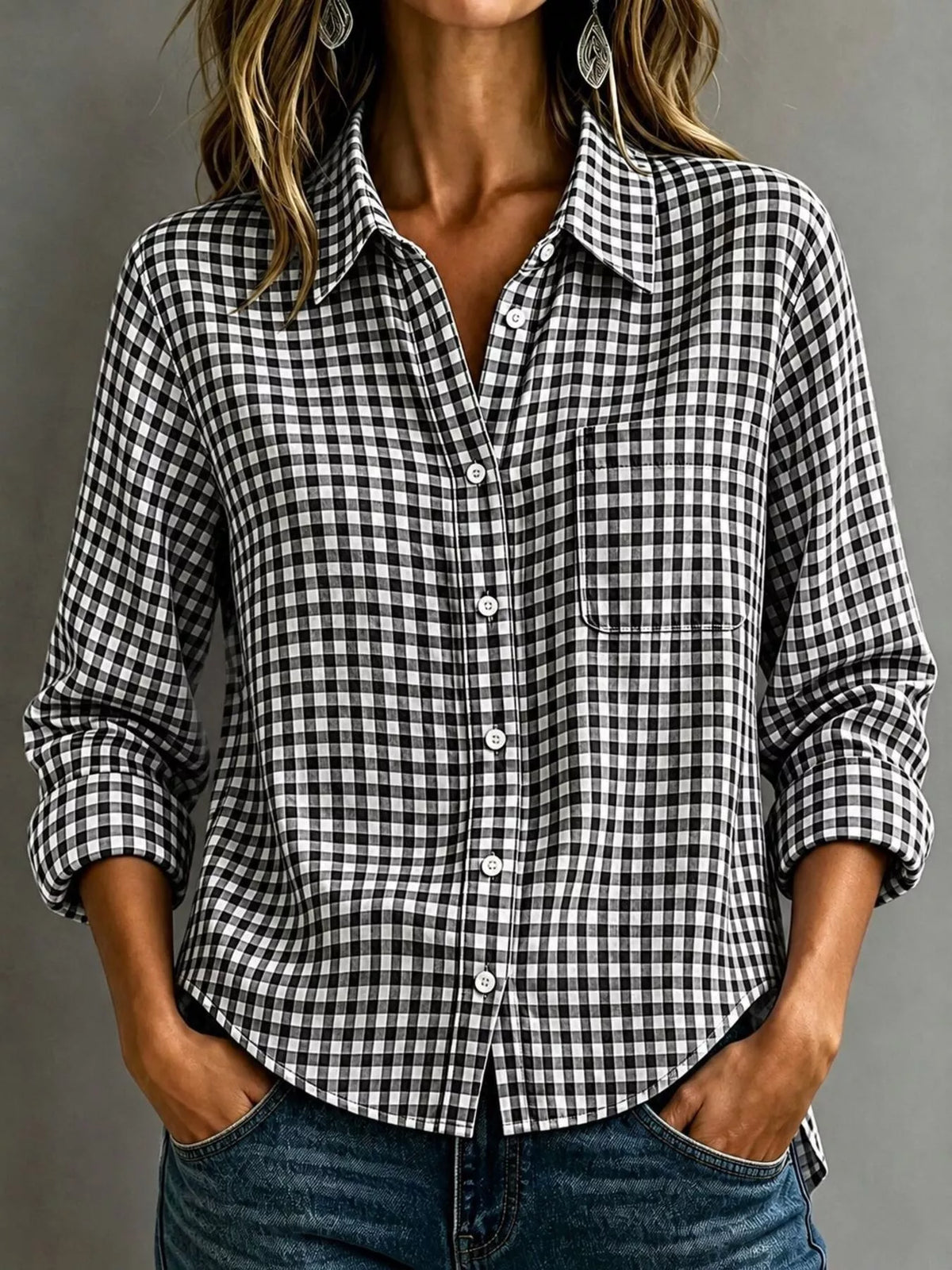 Gingham Button-Down Long Sleeve Shirt