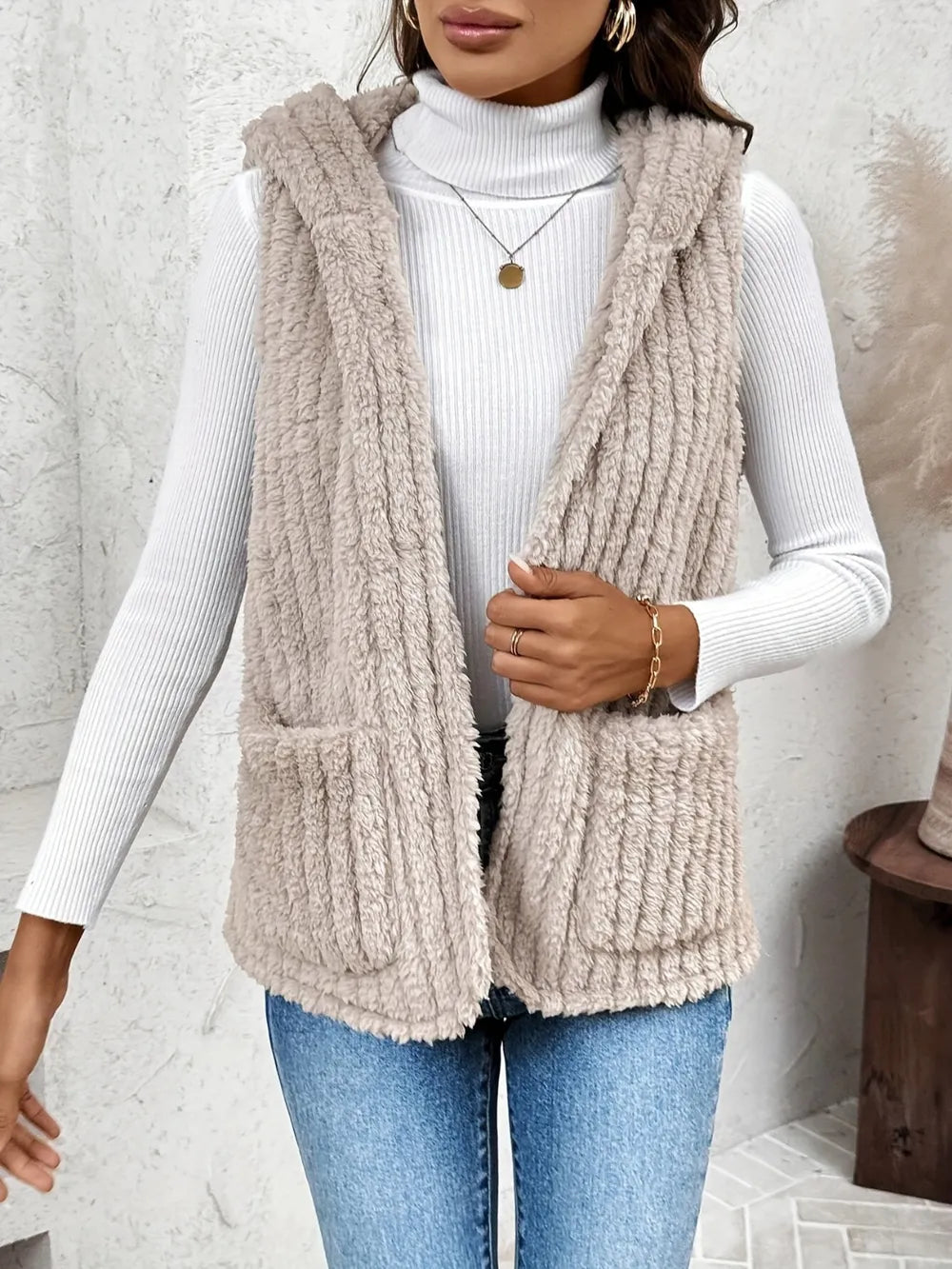 Fuzzy Hooded Vest with Pockets in Dust Storm, view 3
