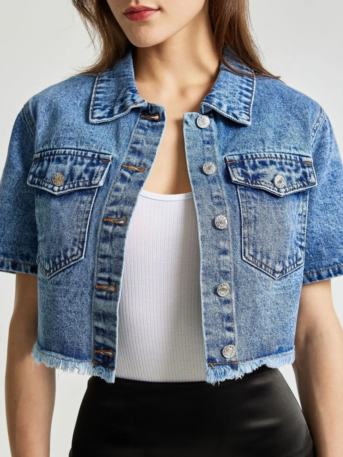 Cropped Short Sleeve Denim Jacket with Frayed Hem in Blue, view 2