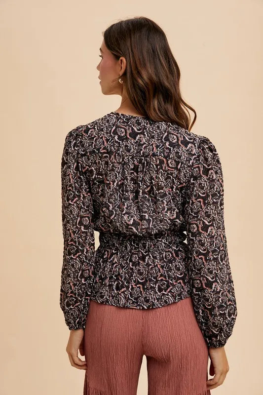 Annie Wear Abstract Print Balloon Sleeve Peplum Blouse - Lilixa.store
