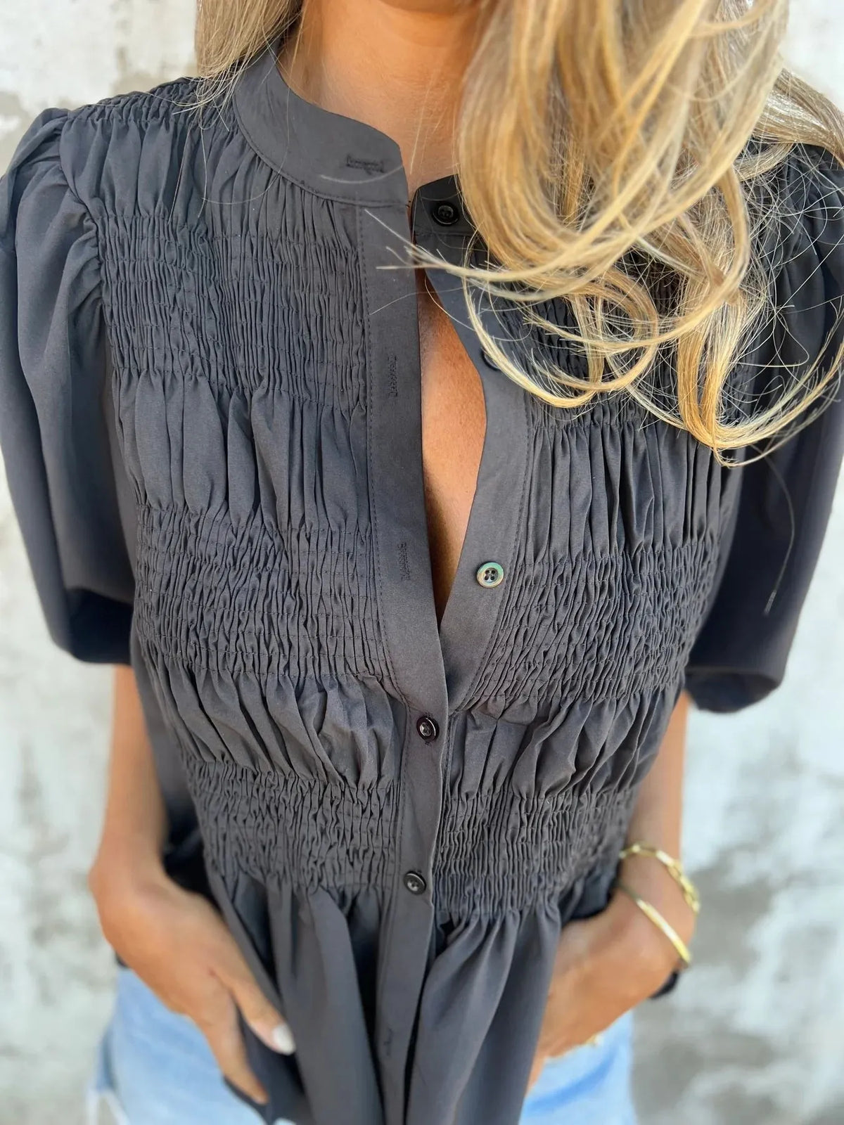 Full Size Smocked Puff Sleeve Blouse Plus Size - Lilixa.store