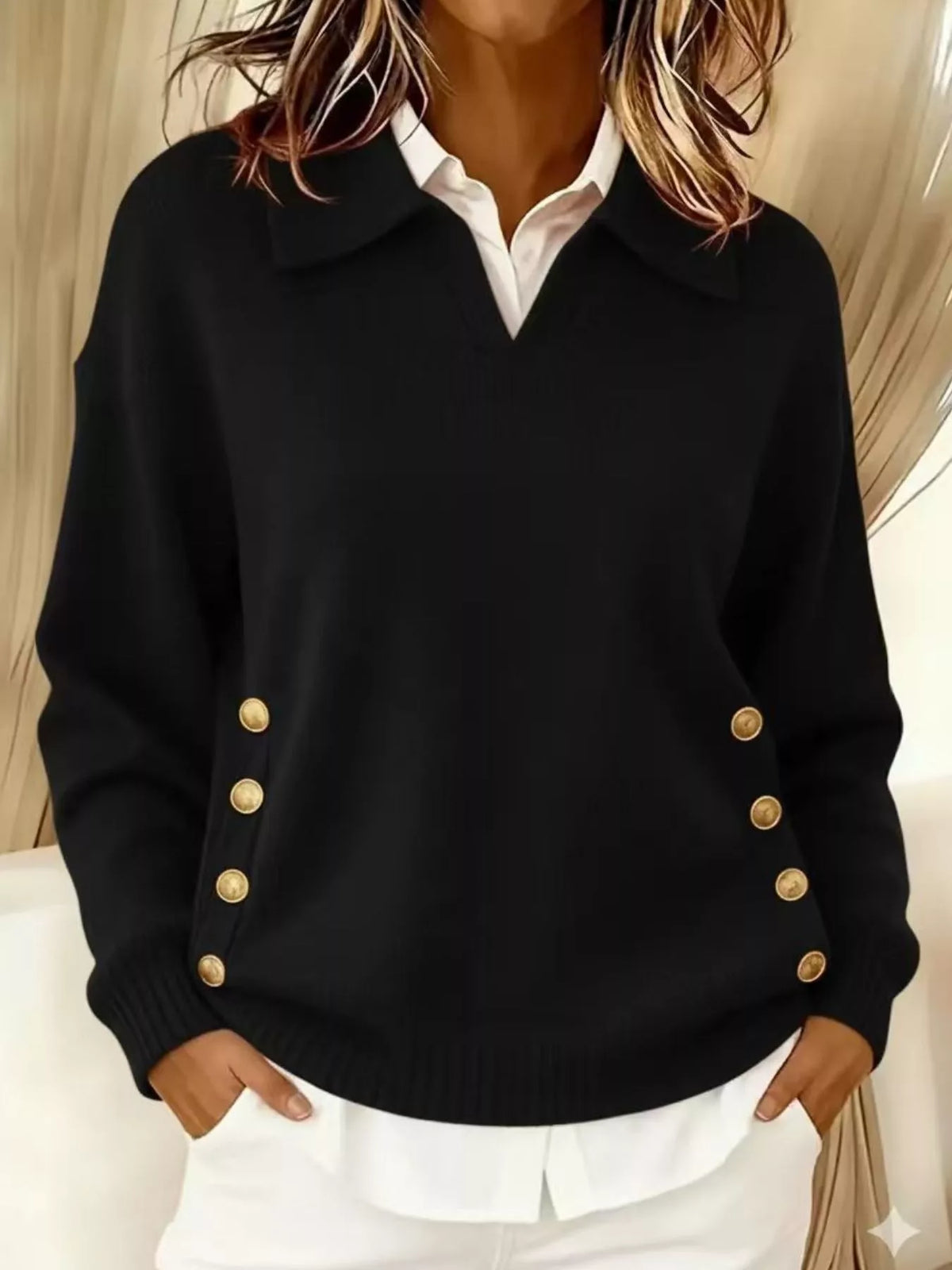 Full Size Decorative Button Dropped Shoulder Sweater Plus Size