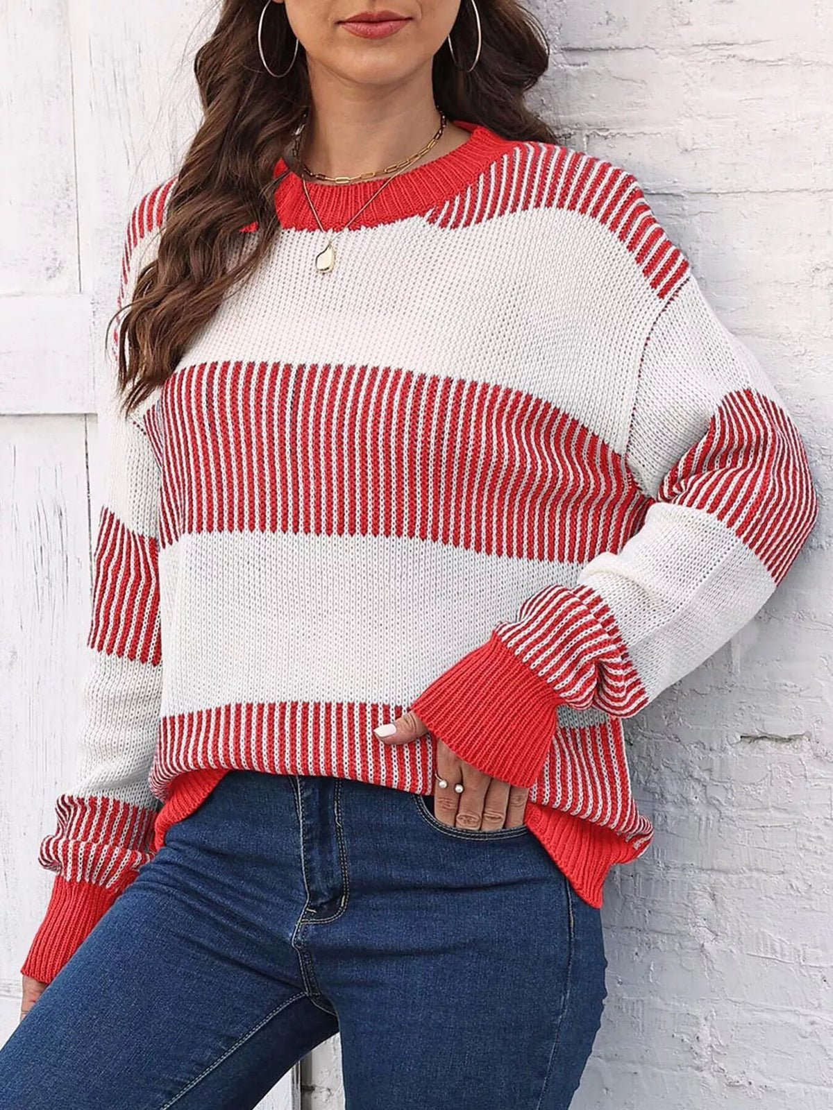 Full Size Striped Color Block Crew Neck Sweater Plus Size, view 4