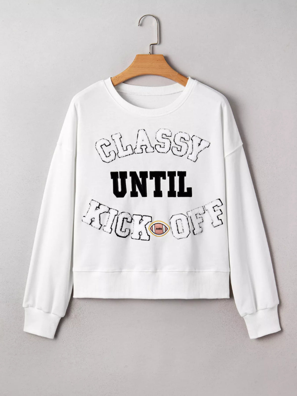 CLASSY UNTIL KICKOFF Plush Letter Patched Loose Sweatshirt - Lilixa.store