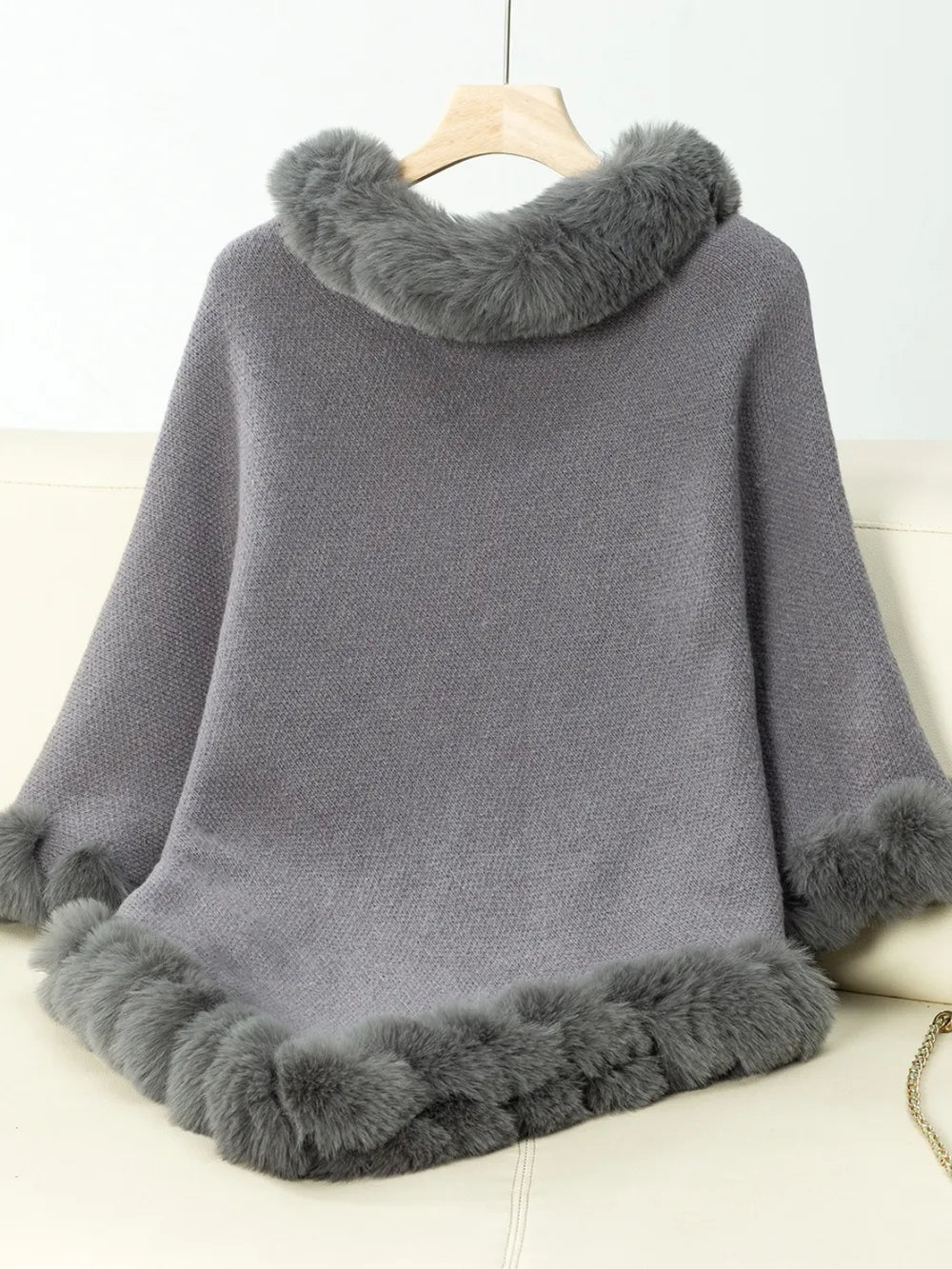 Fuzzy Trim Texture Three-Quarter Sleeve Poncho - Lilixa.store