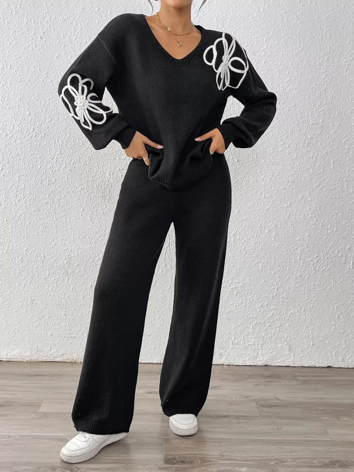 V-Neck Dropped Shoulder Top and Pants Sweater Set
