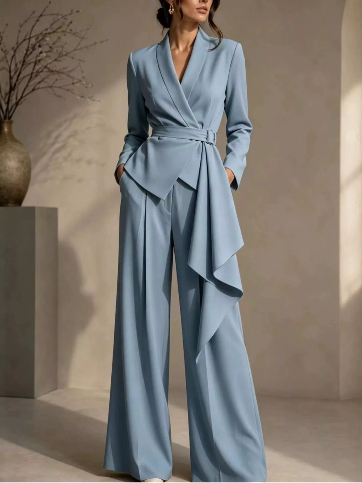 Full Size Belted Blazer and Wide-Leg Pants Set Plus Size - Lilixa.store