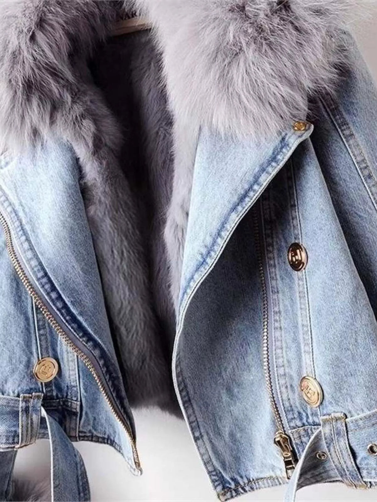 Full Size Faux Fur Collar Denim Jacket Plus Size, view 3
