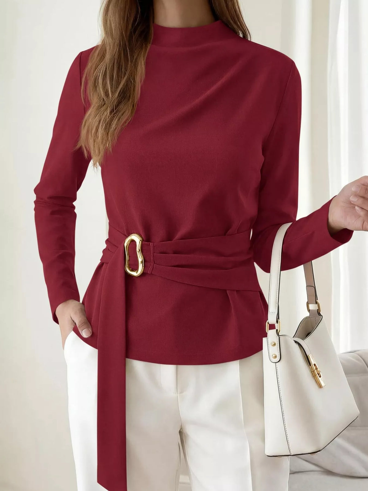 Mock Neck Blouse with Waist-Defining Metal Buckle Detail - Lilixa.store