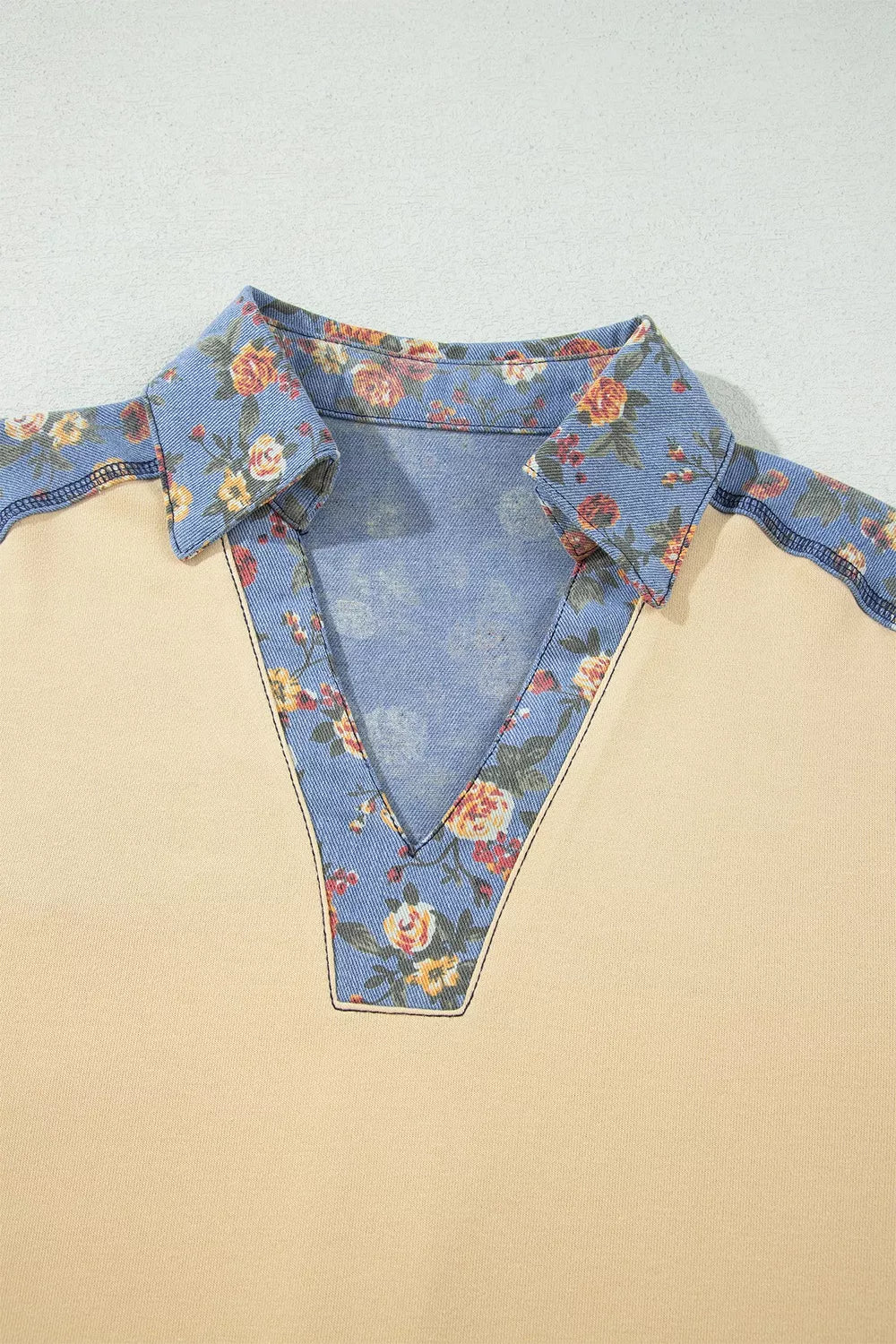 Floral Denim Patchwork Collar V Neck Long Sleeve Pullover Top, view 7