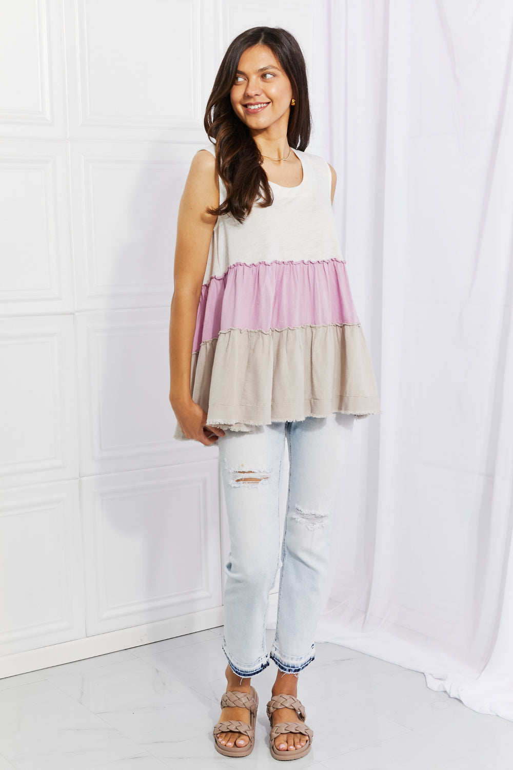 White Birch Full Size Watching the Sunset Color Block Babydoll Top in Lavender, view 4